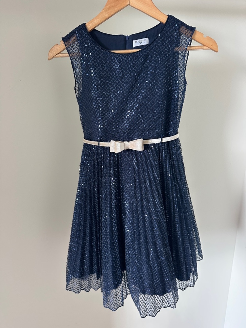 MonnaLisa Navy Blue Sequin Party Dress with Cream velvet Bow Belt - Picture 3 of 10